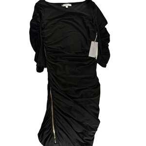 NWT Jennifer Lopez Ruched Black Midi Cocktail Dress with Gold Side Zipper, Med